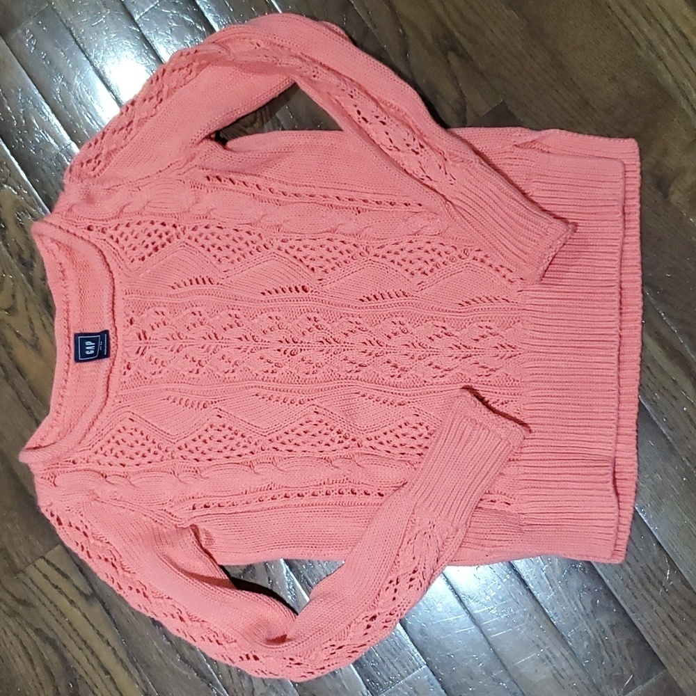 Pretty Coral Cotton Cable knit pullover Crew Neck rolled collar Sweater XS